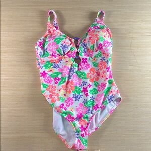 California Waves Pink and Green Floral One Piece Swimsuit‎